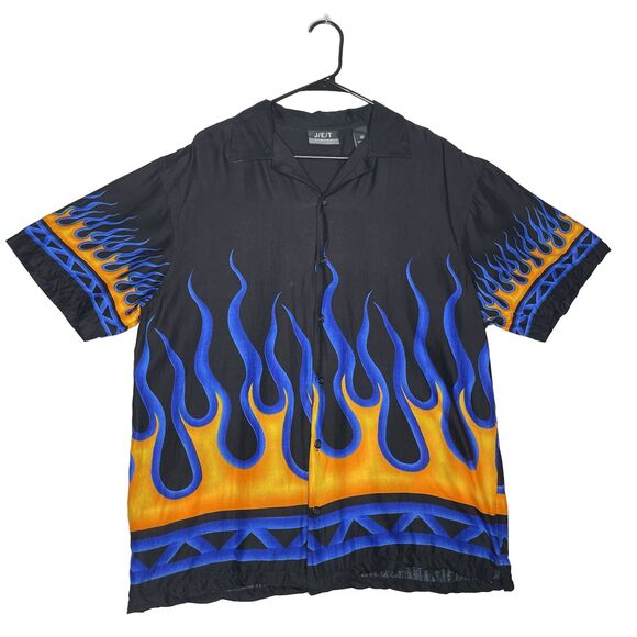 J/E/T STRTWR Mens Shirt Size M Black Orange Blue Flame Fire Short Sleeve Classic - Picture 1 of 10